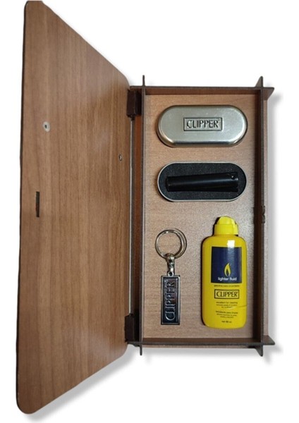 Clipper Çakmak Benzin Anahtarlık Ahşap Kutulu Set