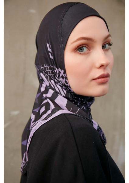 Geometrik Desenli Bone Sport Pro Hijab - Mor Siyah