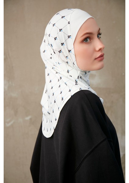 Monogram Desenli Bone Sport Pro Hijab - Beyaz Siyah