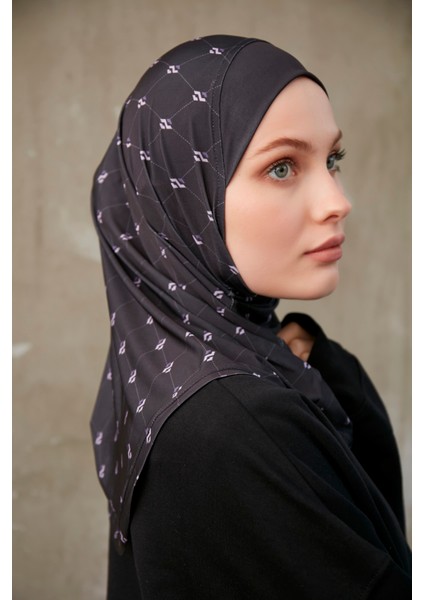 Monogram Desenli Bone Sport Pro Hijab - Mor Siyah