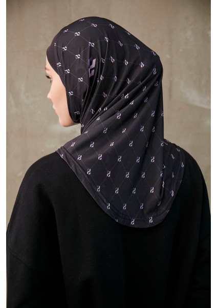 Monogram Desenli Bone Sport Pro Hijab - Mor Siyah