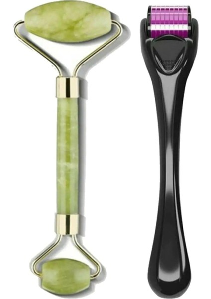 Derma Roller 540 Iğneli 0.5 mm , Jade Roller Yeşim Taşı ve Doğal At Kılı Fırçası