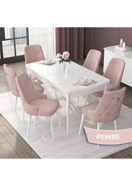 Concept Nex Serisi, Beyaz 80X132 Mdf Mutfak Masasıtakımı Metal Iskelet,6 Sandalye Gümüş Halka