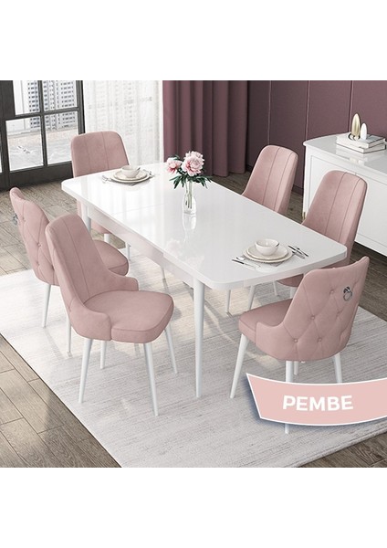 Concept Nex Serisi, Beyaz 80X132 Mdf Mutfak Masasıtakımı Metal Iskelet,6 Sandalye Gümüş Halka fiyatları