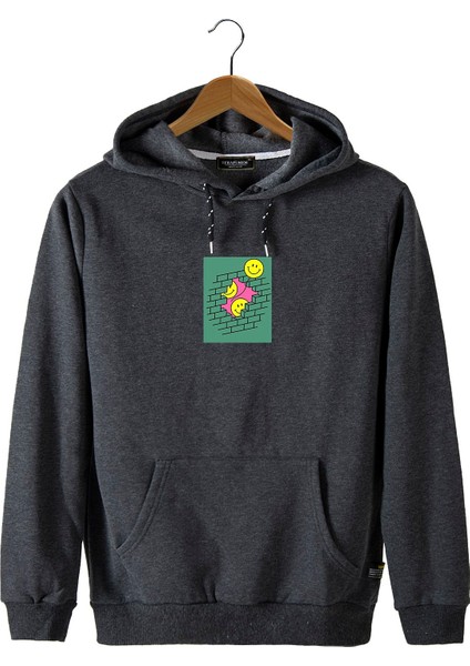 Erkek Füme Önü Smiley Baskılı Kapüşonlu Sweatshirt 22K-5200322-4