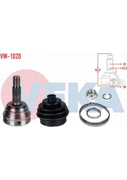 Volkswagen Polo(9n_)1.4i 16V 22X30X51,5 Uzunluk 131,9 mm 01-12 Aks Kafası Sol-Sağ Ön Dış 6N0498099V