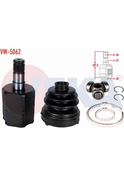 Volkswagen Golf V (1k1) 1.6i A-T 26X32X31 Uzunluk 157,5 mm 03-09 Aks Kafası Sol-Sağ Ön Iç 1K0498103C