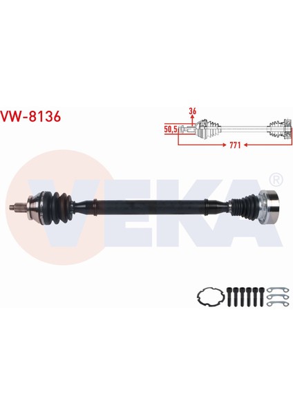 Vw Polo V (6r1, 6c1) 1.2 Tsı 16V M-T 2014-2017 Komple Aks Sağ Ön Uzunluk 771MM 6C0407272E