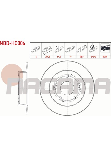 Honda Cıvıc Vıı 2.0 I-Vtec 2000-2006 Fren Diski Arka Düz 5 Bjn 259,6X10X64,2X48,5 42510-S5T-E00