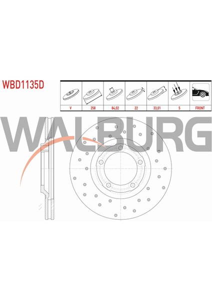 Mıtsubıshı L Fren Diski Ön Havalı Performans Delikli 5 Bjn 258,1X22X84,02X33,01 MB407030