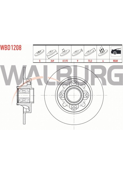 308 44713 Fren Diski Arka Düz 4 Bjn 248,8X9X61,92X73,2 424965