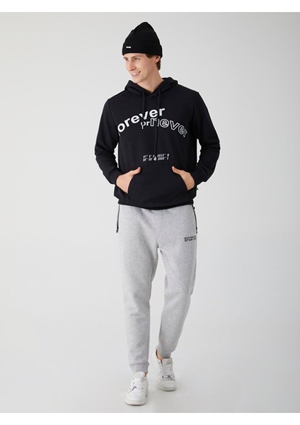 Slogan Baskılı Kapüşonlu Siyah Sweatshirt
