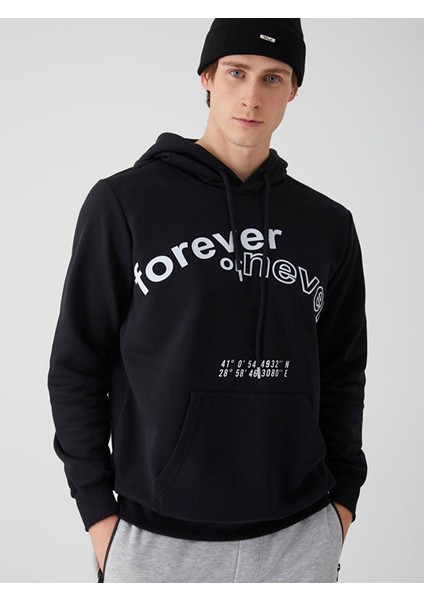 Slogan Baskılı Kapüşonlu Siyah Sweatshirt