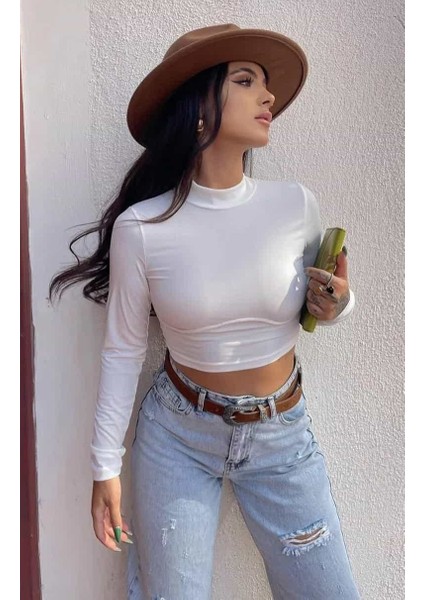 Kadın Ekru Yarım Boğazlı Likralı Sandy Kumaş Crop fırsatları