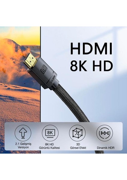 8k 60HZ 1.5mt Dinamik Hdr Görüntü Aktarım HDMI Kablo, 48GBPS Kopmaz Örgü Tasarımlı HDMI Kablo