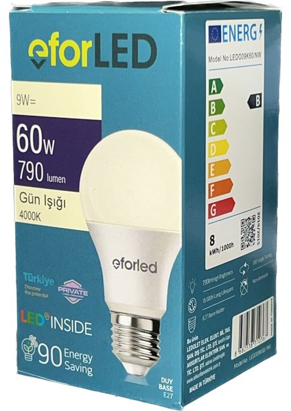 LED Lamba 9W-60W 806 Lümen Günışığı 4000K Işık E-27 Duy