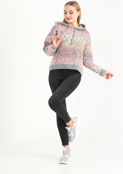 Bayan Oversize Açık Gri Geçişli Triko Sweatshirt