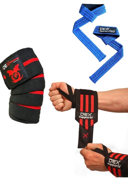 Ağırlık Kayışı ( Lifting Straps ) + Fitness Bilekliği ( Wrist Wraps ) +Diz Bandajı ( Knee Wraps )