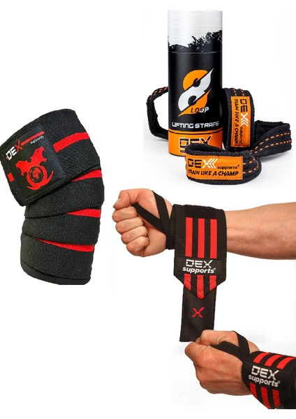 Sporcu Bilekliği ( Wrist Wraps ) + Ağırlık Kayışı ( 8 Loop Lifting Straps ) + Diz Bandajı ( Knee Wraps )