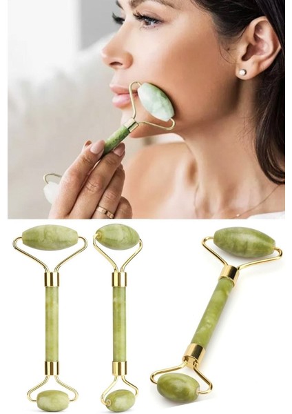Jade Roller Çift Taraflı Yeşim Taşı Ve Maske Sürme Fırçası Cilt Bakım Seti