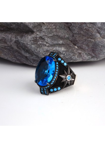Blue Topaz Taşlı Yıldız Model Erkek Gümüş Yüzük
