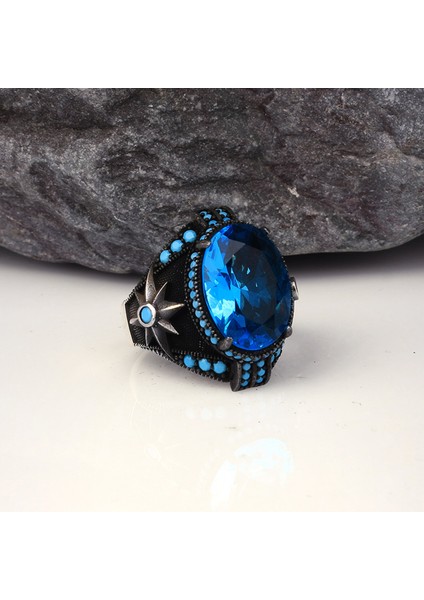 Blue Topaz Taşlı Yıldız Model Erkek Gümüş Yüzük fiyatları
