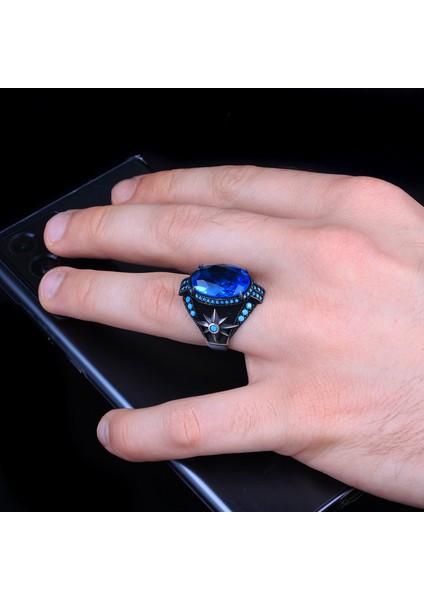 Blue Topaz Taşlı Yıldız Model Erkek Gümüş Yüzük modelleri