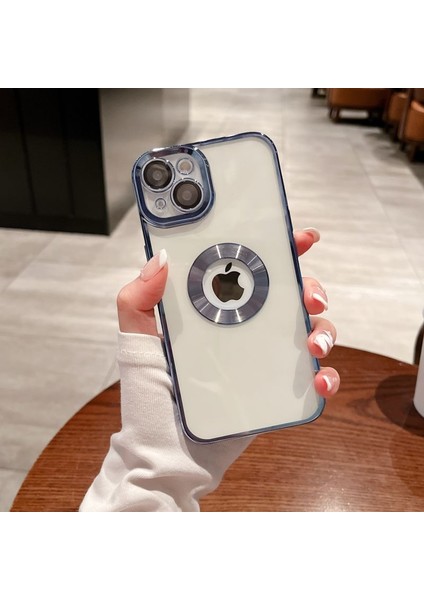 Iphone 14 Uyumlu Kılıf Kamera Lens Üstü Kapalı Tam Koruma Orta Logo Gösterir Halkalı Şeffaf