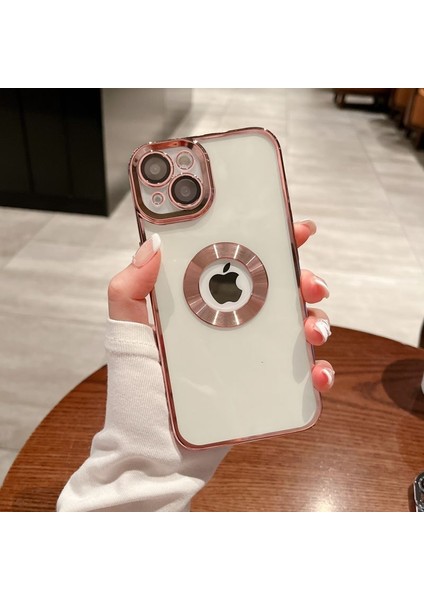Iphone 14 Uyumlu Kılıf Kamera Lens Üstü Kapalı Tam Koruma Orta Logo Gösterir Halkalı Şeffaf