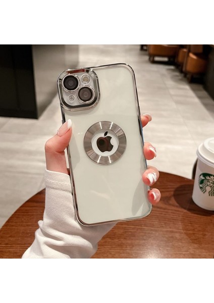 Iphone 14 Uyumlu Kılıf Kamera Lens Üstü Kapalı Tam Koruma Orta Logo Gösterir Halkalı Şeffaf