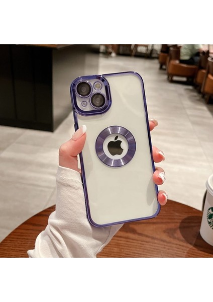 Iphone 14 Uyumlu Kılıf Kamera Lens Üstü Kapalı Tam Koruma Orta Logo Gösterir Halkalı Şeffaf