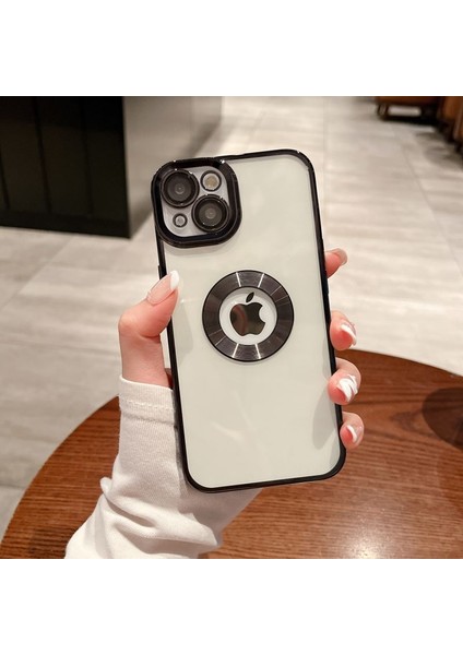 Iphone 14 Uyumlu Kılıf Kamera Lens Üstü Kapalı Tam Koruma Orta Logo Gösterir Halkalı Şeffaf