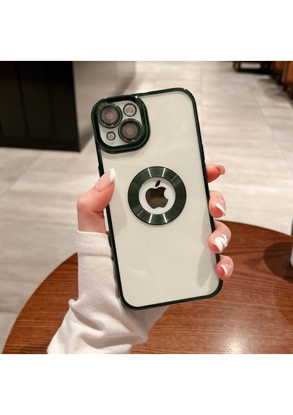 Iphone 14 Uyumlu Kılıf Kamera Lens Üstü Kapalı Tam Koruma Orta Logo Gösterir Halkalı Şeffaf