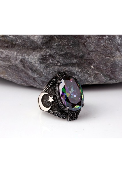 Blue Topaz Taşlı Ay Yıldız Model Erkek Gümüş Yüzük fiyatları
