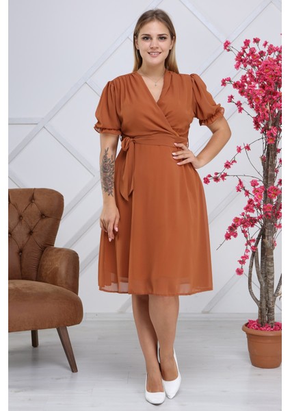Kadın Kruvaze Yaka Kuşaklı Büyük Beden Midi Boy Şifon Elbise 4255-110