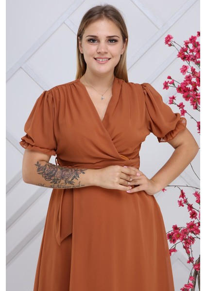 Kadın Kruvaze Yaka Kuşaklı Büyük Beden Midi Boy Şifon Elbise 4255-110 indirimleri