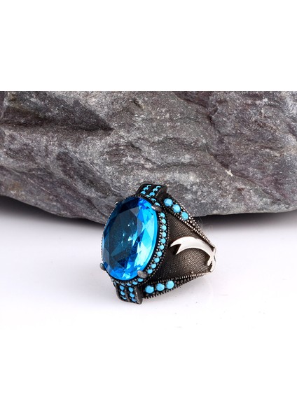 Blue Topaz Taşlı Erkek Gümüş Yüzük