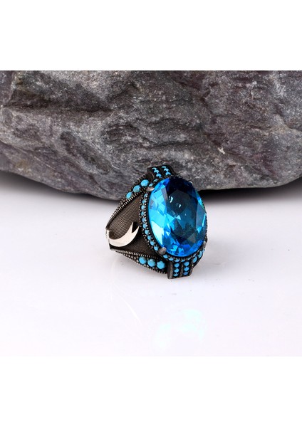 Blue Topaz Taşlı Erkek Gümüş Yüzük