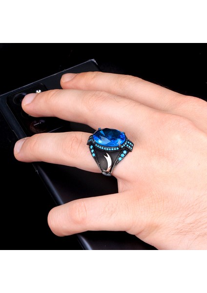 Blue Topaz Taşlı Erkek Gümüş Yüzük