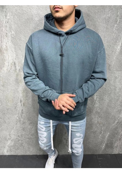 Erkek Mavi Trend Kapüşonlu Sweatshirt