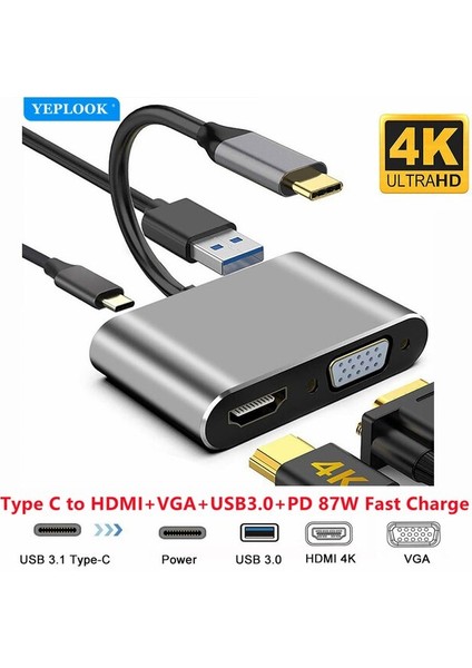 C Tipi - HDMI 4K VGA Usb3.0 Pd 87W Hızlı Şarj Hub Adaptörü Dock Destek Ayna ve MacBook Nintendo Xps Anahtarı Için Genişletme (Yurt Dışından)