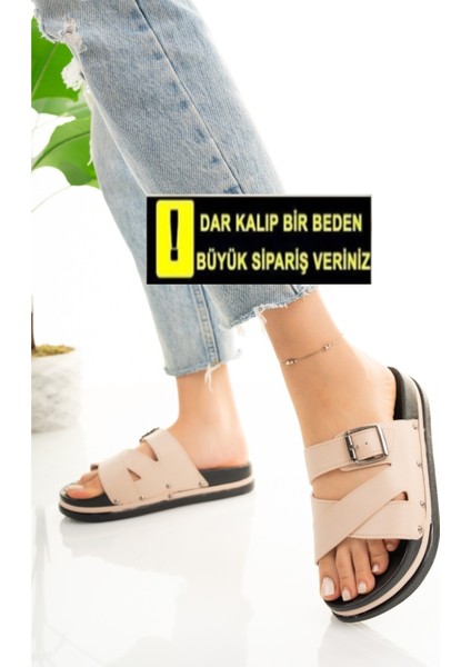 Kadın Ortopedik Terlik Bej Sabo Dolgu Topuk Şık Rahat Günlük Terlik