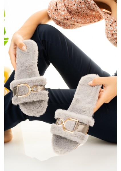 Gri Kadın Tüylü Terlik D Toka Pofuduk Rahat Ev Terliği Çeyiz Bohça Lohusa Misafir Terliği