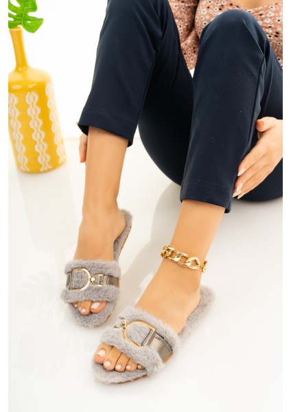 Gri Kadın Tüylü Terlik D Toka Pofuduk Rahat Ev Terliği Çeyiz Bohça Lohusa Misafir Terliği modelleri