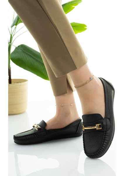 Kadın Babet Siyah Zincir Tokalı Hafif Rahat Taban Şık Günlük Ayakkabı