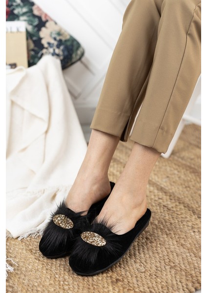 Siyah Tüylü Taşlı Kadın Terlik Tüylü Taşlı Şık Ev Terliği Süslü Çeyiz Doğum Misafir Yılbaşı Terliği