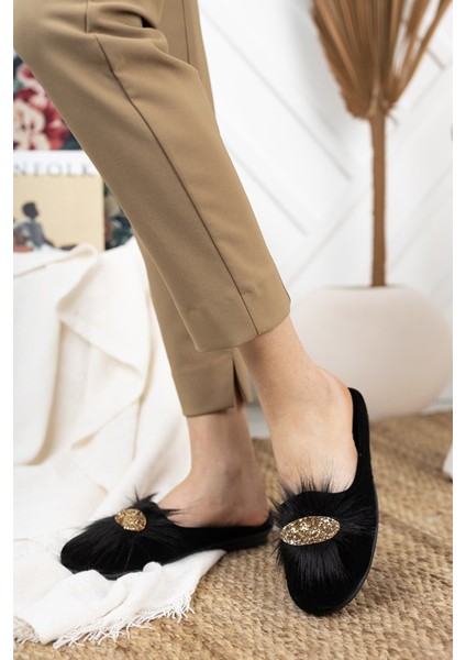 Siyah Tüylü Taşlı Kadın Terlik Tüylü Taşlı Şık Ev Terliği Süslü Çeyiz Doğum Misafir Yılbaşı Terliği modelleri