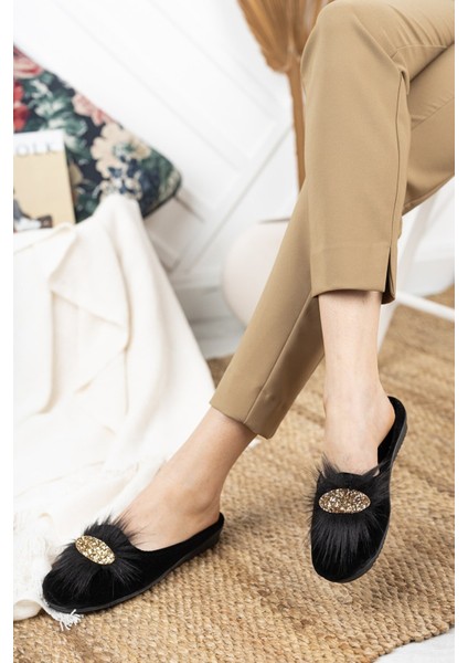 Siyah Tüylü Taşlı Kadın Terlik Tüylü Taşlı Şık Ev Terliği Süslü Çeyiz Doğum Misafir Yılbaşı Terliği fiyatları