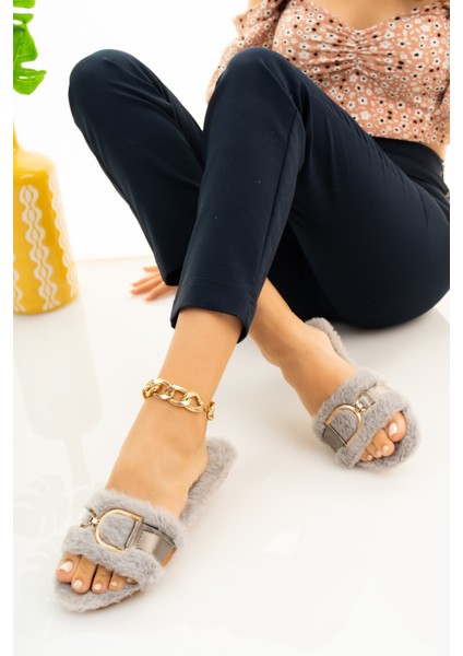 Gri Kadın Tüylü Terlik D Toka Pofuduk Rahat Ev Terliği Çeyiz Bohça Lohusa Misafir Terliği fiyatları