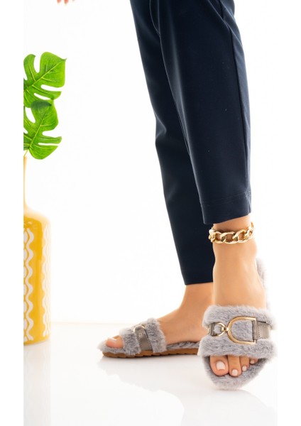 Gri Kadın Tüylü Terlik D Toka Pofuduk Rahat Ev Terliği Çeyiz Bohça Lohusa Misafir Terliği fırsatları